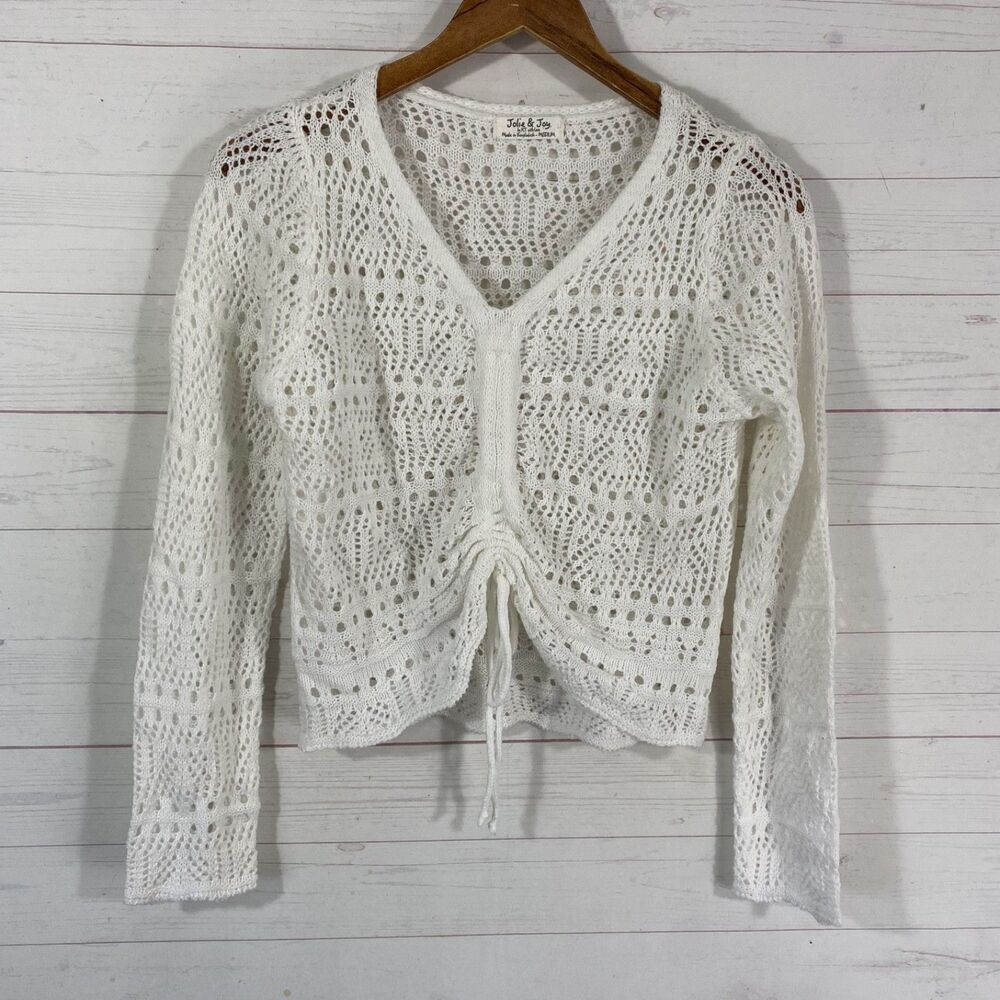 Jolie & Joy Cropped Open Knit Sweater Juniors Medium White Acrylic V-Neck
